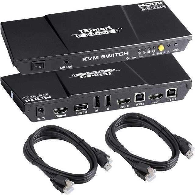 TESmart HDMI KVM Switch 2 Port 4K@60Hz 4:4:4 Ultra HD 2 PC 1 Monitore mit zusätzlichem USB 2.0 Port & L/R Audio-Ausgang Steuert bis zu 2 PCs/Server/DVR enthält 2 Stck. 1,5 m KVM-Kabel-schwarz HKS0201A2U/HKS0201B2U Computer-Adapter